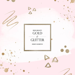 Instagram story post feed square layout. gold paint ink brush strokes, golden glitter abstract dot scribble. metallic splash stain design elements. pink watercolor abstract background