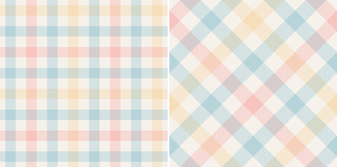 Gingham check pattern multicolored print in pink, blue, yellow, off white. Light pastel vichy graphic for gift paper, tablecloth, oilcloth, picnic blanket, other modern spring summer fabric design.