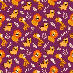 Fotobehang Seamless pattern with cute hand-drawn animals. Lion, tiger, giraffe. Design for fabric, textile, wallpaper, packaging, nursery decoration.  © Helga KOV
