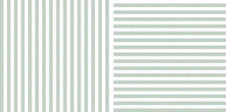 Herringbone stripes vector pattern in sage green and white. Seamless pin stripe textured background set for cotton or linen shirt, dress, blouse, other modern spring summer fashion fabric design.