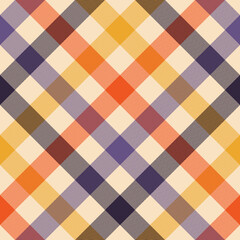 Tartan plaid pattern for autumn. Multicolored buffalo check background in purple, orange, yellow, beige. Seamless large herringbone vichy plaid for blanket, duvet cover, throw for textile prints.