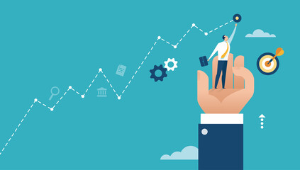 The manager‘s hand lifts the co-worker and helps him to achieve the goal. Business illustration.