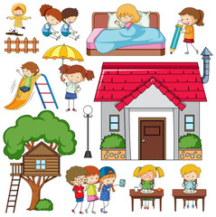 Set of many children with a house