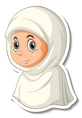 A sticker template with portrait of a muslim girl cartoon character