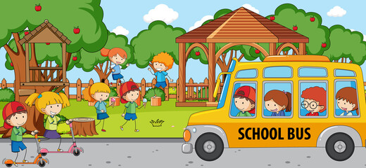 Outdoor scene with many kids and school bus