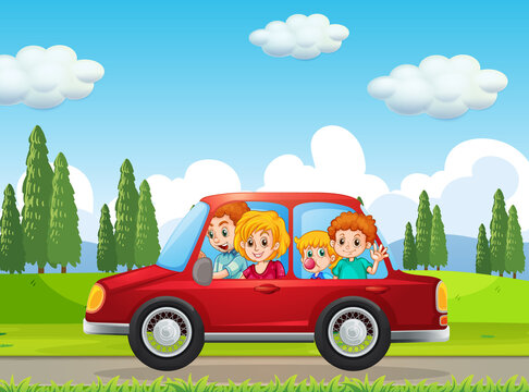 Happy family travelling in nature scene by red car