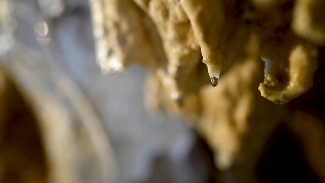 沖縄県石垣島の鍾乳洞の水滴が5倍スローモーションで落ちるシーン A scene of water droplets falling in 5x slow motion in a limestone cave on Ishigaki Island, Okinawa.