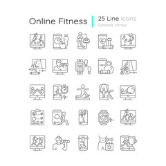 Online fitness apps linear icons set. Health and wellness body state. Virtual training. Customizable thin line contour symbols. Isolated vector outline illustrations. Editable stroke