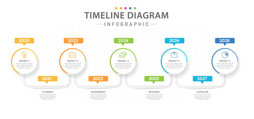 Infographic template for business. 5 Modern Project Timeline diagram with yearly roadmap, presentation vector infographic.