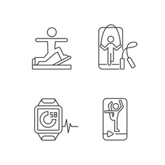 Online fitness gym trends linear icons set. Stretching and rope jumping. Fitness tracker. Customizable thin line contour symbols. Isolated vector outline illustrations. Editable stroke