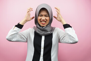 Beautiful young asian muslim woman shocked, dizzy, stressed, unhappy, many problems, want solution,...