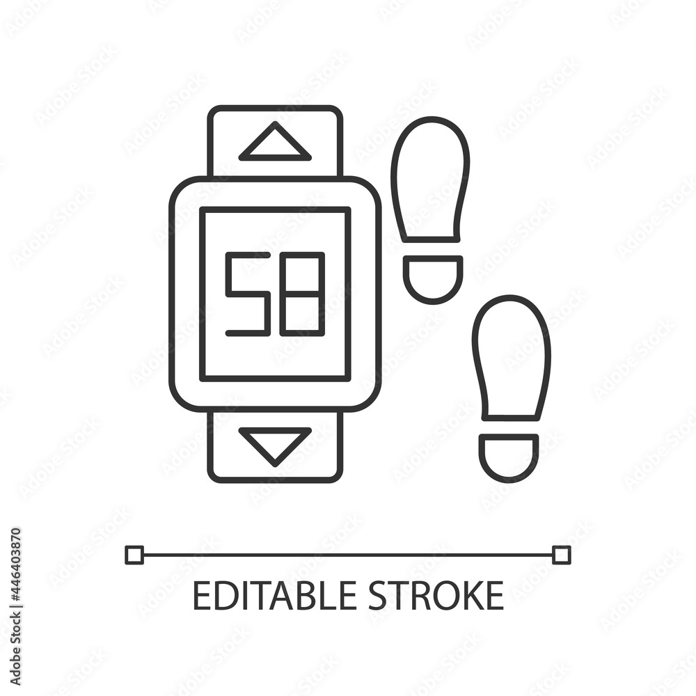 Poster online fitness pedometer device linear icon. walking style. step count display. thin line customizab