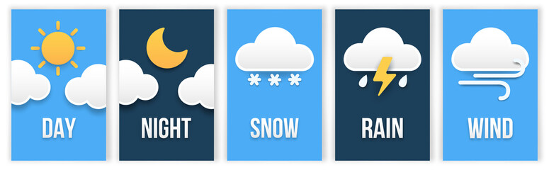 Weather vertical posters. Daytime and nighttime illustration, weather forecast widgets. Thunderstorm, rain, wind, snow, paper cut