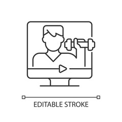 Online fitness coach linear icon. Professional virtual support. Health increasement program. Thin line customizable illustration. Contour symbol. Vector isolated outline drawing. Editable stroke