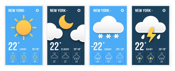 Weather forecast widget. Sunny, Cloudy, Snow, Rainy, weather app templates. In paper style - obrazy, fototapety, plakaty