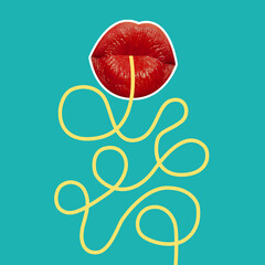 Modern design, contemporary art collage. Inspiration, idea, trendy urban magazine style. Composition with female lips tasting noodles on blue neon background