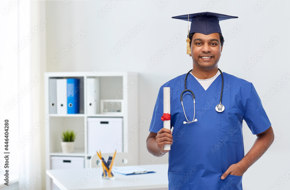 Poster healthcare, profession and medicine concept - happy smiling indian doctor or male nurse in blue uniform with stethoscope over medical office at hospital background