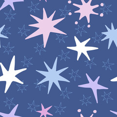 Cute cartoon colorful stars on a blue background. Seamless pattern. Vector illustration.
