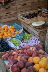 Fresh fruit on Display in Wooden Crates at a Rustic Fruit and Vegetable Market
