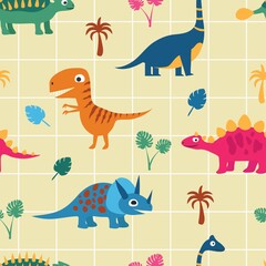 Obraz premium Cute seamless pattern with cute dinosaurs, palm trees, leaves. Children's vector illustration in the hand-drawn style. children's background for fabric