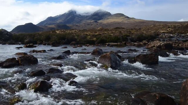 A view of water flowing downstream in the Sligachan River on Behance in Isle of Skye, Scotland in HD