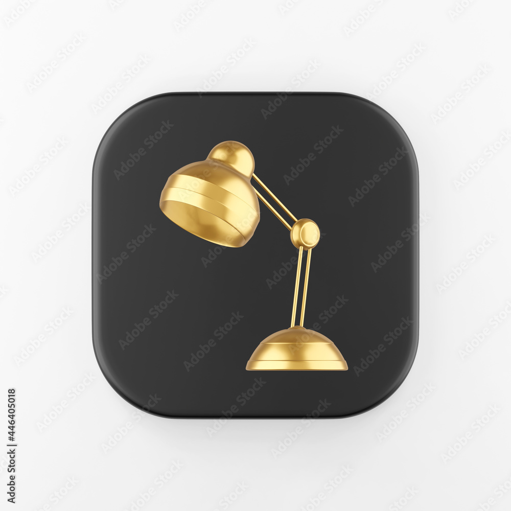 Poster gold table lamp icon. 3d rendering black square key button, interface ui ux element.