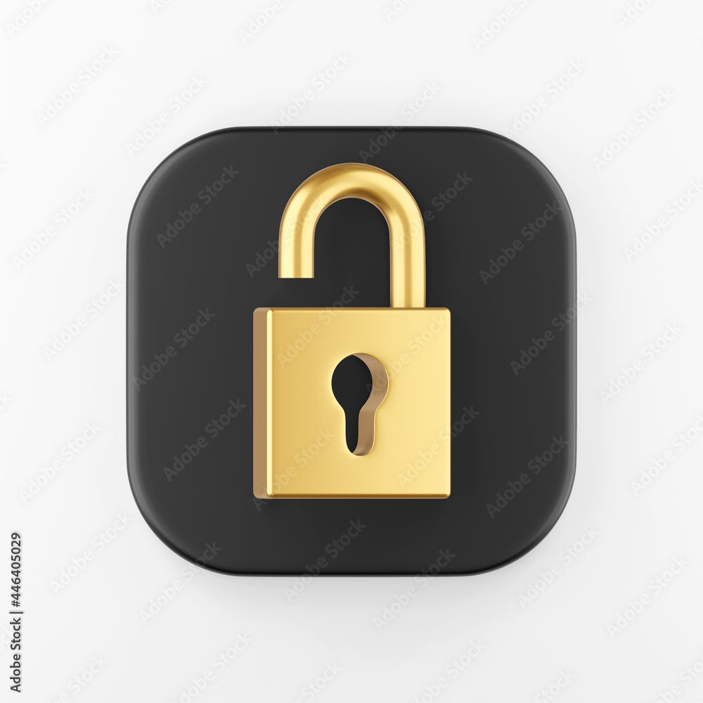 Poster golden open padlock icon. 3d rendering black square key button, interface ui ux element.