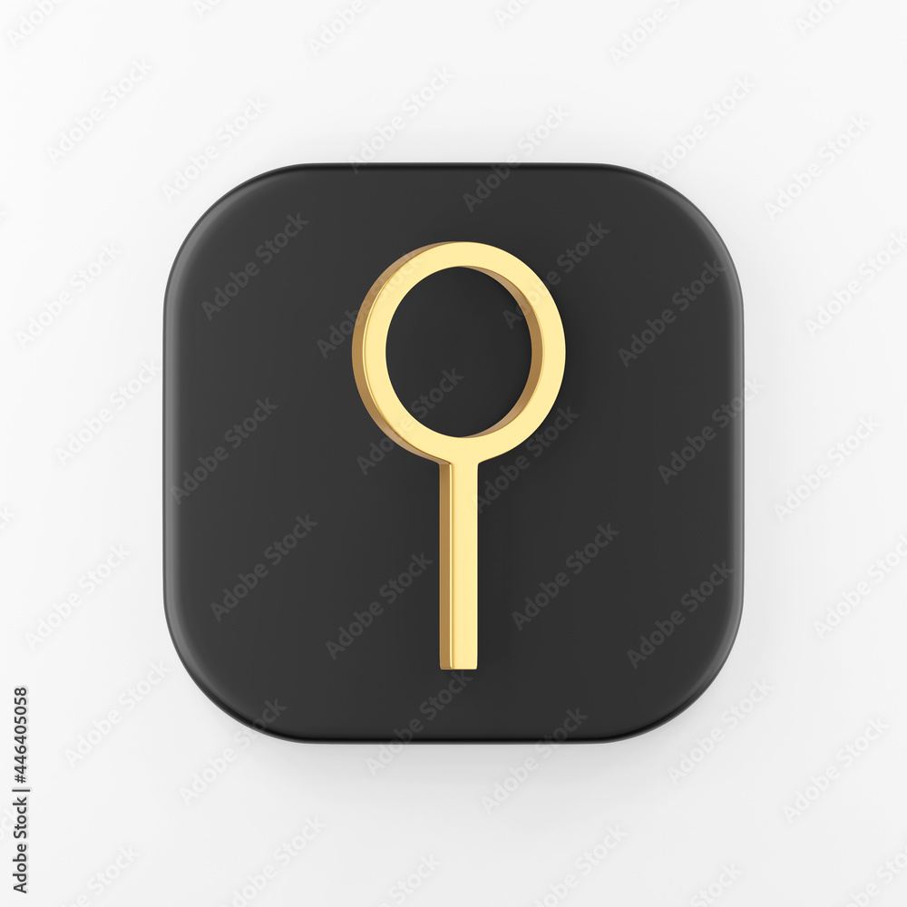 Poster golden magnifier icon. 3d rendering black square key button, interface ui ux element.