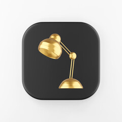 Gold table lamp icon. 3d rendering black square key button, interface ui ux element.