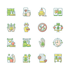 Lifestyle trends RGB color icons set. Hygge, cozy atmosphere. Health tracking. Digital detox. Vintage fashion. Online dating. Isolated vector illustrations. Simple filled line drawings collection