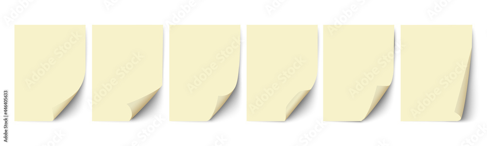 Aufkleber empty paper sheets, yellow sheets of paper with different curled corners and shadow