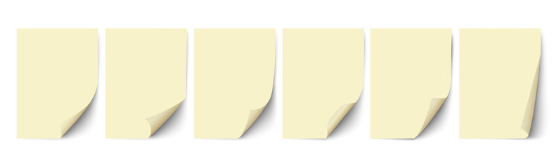 Empty paper sheets, yellow sheets of paper with different curled corners and shadow