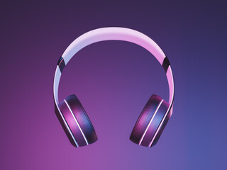 Wireless headphones on neon light background