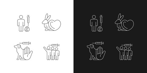 No animal experiments linear icons set for dark and light mode. Volunteer for human cell test. Customizable thin line symbols. Isolated vector outline illustrations. Editable stroke