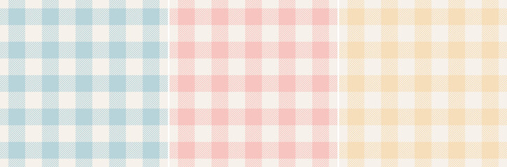 Gingham check pattern print in pink, blue, yellow, off white. Light pastel vichy graphic vector for gift paper, tablecloth, oilcloth, picnic blanket, other modern spring summer fashion fabric design.