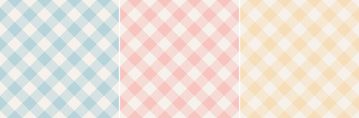 Vichy check pattern print in pink, blue, yellow, off white. Light pastel gingham graphic vector for gift paper, tablecloth, oilcloth, picnic blanket, other modern spring summer fashion textile design.