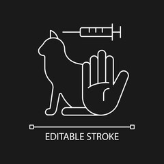 No cat testing white linear icon for dark theme. Prevent drug injection. Stop experiments on animal. Thin line customizable illustration. Isolated vector contour symbol for night mode. Editable stroke