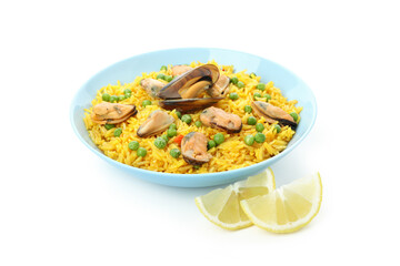 Delicious Spanish Paella isolated on white background