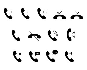 Phone icons set. Contact us. Communication by phone. Telephone receiver icon in flat style. Phone call. Telephone symbol. Phone call icon. Telephone on a white background. Vector illustration.