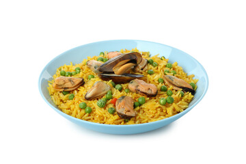 Delicious Spanish Paella isolated on white background
