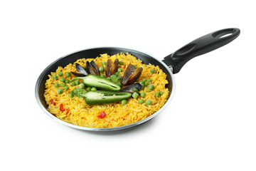 Delicious Spanish Paella isolated on white background