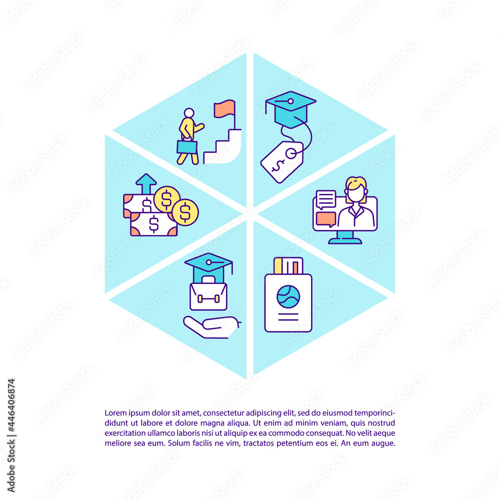 Poster international intern programs concept line icons with text. ppt page vector template with copy space