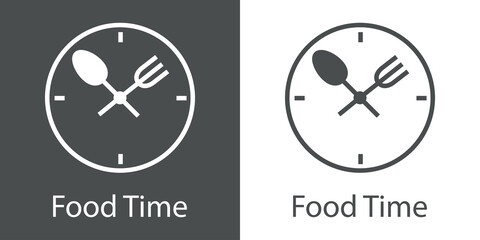 Logo con texto Food Time con reloj simple con tenedor y cuchara con forma de manecillas con lineas en fondo gris y fondo blanco © teracreonte