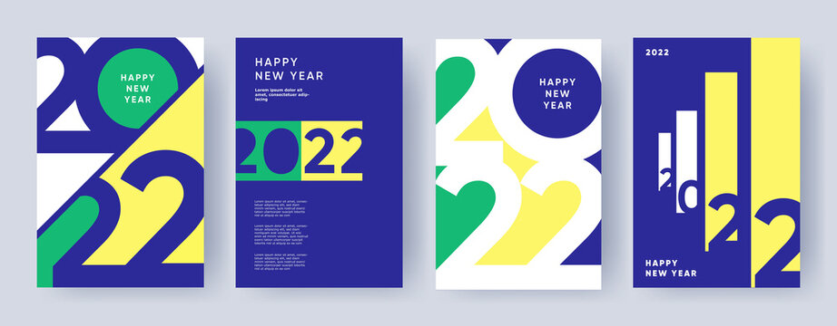 Creative concept of 2022 Happy New Year posters set. Modern design with typography logo 2022 for celebration and season decoration. Minimalistic templates for branding, calendar, banner, cover, card