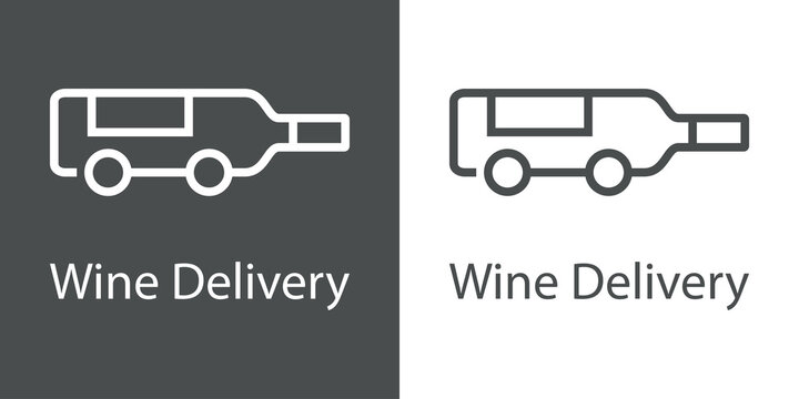 Logotipo con texto Wine Delivery con silueta de botella de vino con ruedas con lineas en fondo gris y fondo blanco