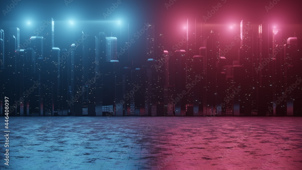 Poster 3d rendering of abstract neon mega city with light reflection from puddles on street. concept for ni
