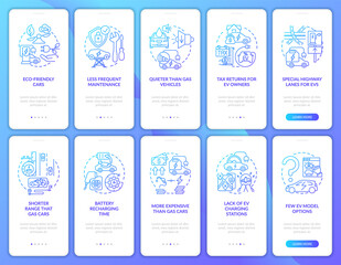 Naklejka premium EV standardization onboarding mobile app page screen. Eco transport pros and cons walkthrough 5 steps graphic instructions with concepts. UI, UX, GUI vector template with linear color illustrations