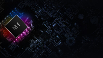 M1 laptop processor. Network digital technology with computer cpu chip on dark motherboard background. Internet business and networking concept.