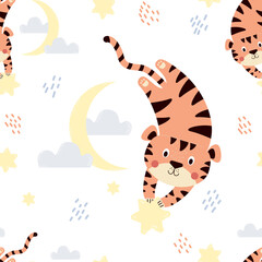 Seamless pattern with cute tiger in the sky. Cute animal with a star on white background with clouds and the moon. Vector illustration. Childrens collection for textiles. print, decoration, packaging