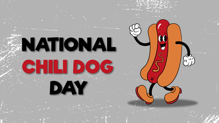  National Chili Dog Day July 29. Cartoon hot dog with mustard, lettering. American chili dog vector illustration. Food concept. National Chili Dog Day poster, card, banner with text inspiration.